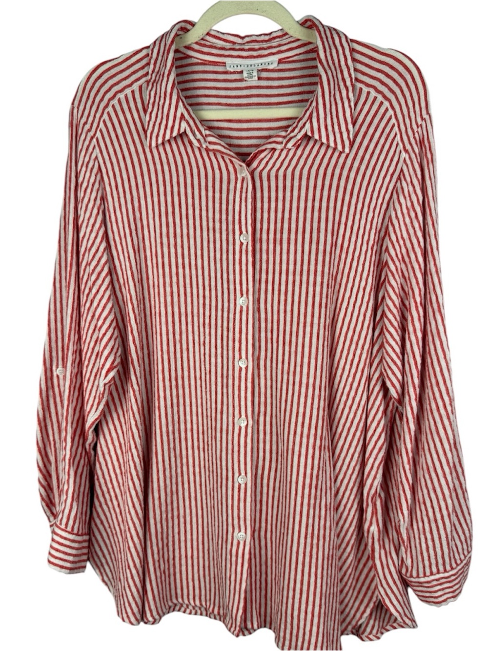Jane + Delancey Red White Striped Roll Tab Sleeve Button Up Shirt Size 1X